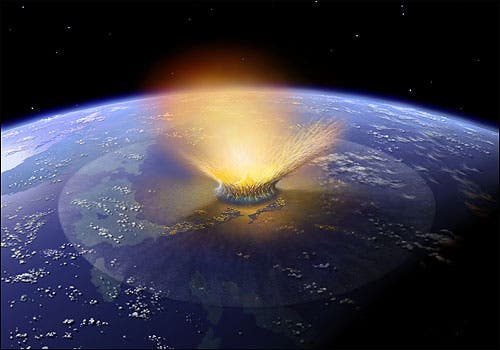 Artistic representation of the asteroid impact that took place 65 million years ago and killed (almost) every large species of vertebrate