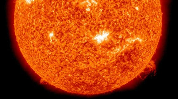 The Solar Dynamics Observatory spacecraft captures an image of solar spot in the centre of the sun from which the largest solar flare in four years erupted on Monday. (NASA / Solar Dynamics Observatory / February 15, 2011)