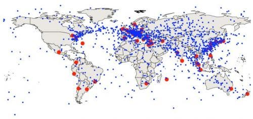 Optimal intermediate trading node locations; some nodes are in regions with fiber optic dense networks, but others are in the oceans or sparsely connected. Image credit: APS, DOI:10.1103/PhysRevE.82.056104