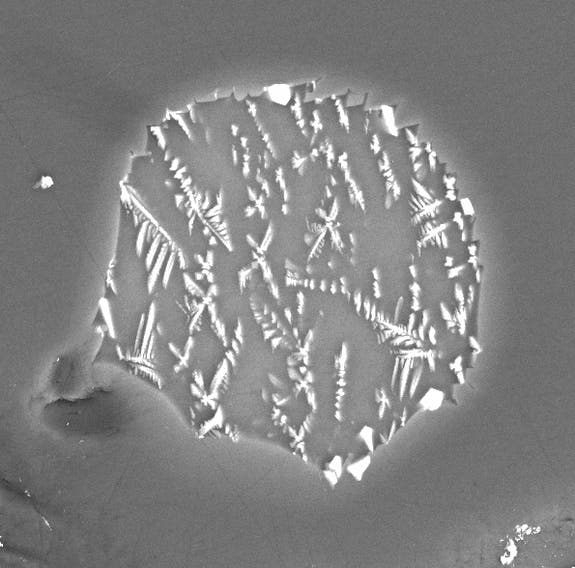Backscatter electron image of a lunar melt inclusion from Apollo 17, enclosed within an olivine crystal. The inclusion is 30 microns in diameter. (c) John Armstrong, Geophysical Laboratory, Carnegie Institution of Washington
