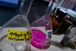 Beakers of solution containing mercury and Rhodamine B dye. (Credit: Jeff Fitlow/Rice University)