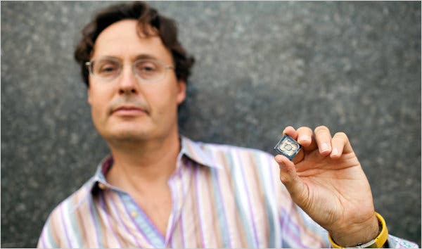 The inventor Jonathan Rothberg with a semiconductor chip used in the Ion Torrent machine. (c) Christopher Capozziello , NY Times