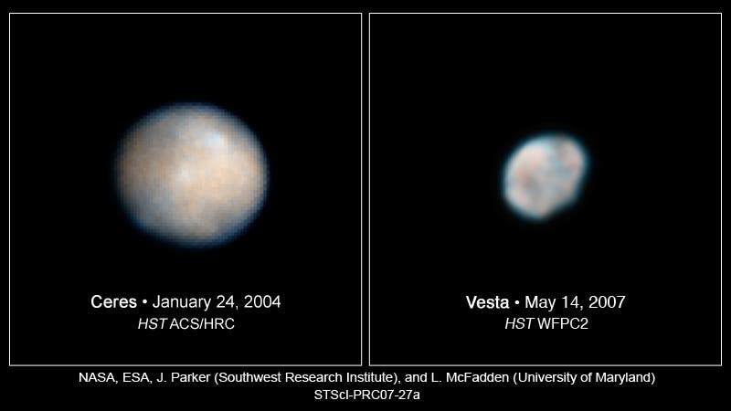 Hubble Space Telescope images of Vesta and Ceres show two of the most massive asteroids in the asteroid belt, a region between Mars and Jupiter. Credits for Vesta: NASA, ESA, and L. McFadden (University of Maryland) Credits for Ceres: NASA, ESA, and J. Parker (Southwest Research Institute)