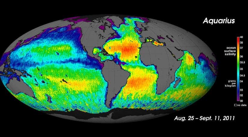 Map of the world's water salinity released by NASA's Aquarius. Yellow and red colors on the map indicate areas of higher salinity while blues and purples represent areas with lower salinity. (c) NASA/GSFC/JPL-Caltech 