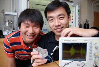 Graduate Student Jian Shi and Materials Science and Engineering Assistant Professor Xudong Wang demonstrate a material that could be used to capture energy from respiration. (c) University of Wisconsin