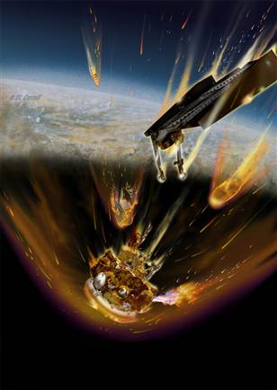 Artist impression of the Phobos-Grunt probe bursting into flames as it enters Earth's atmosphere. (c) Michael Caroll
