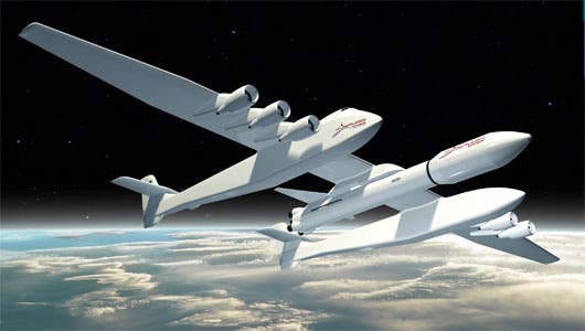 The giant Stratolaunch aircraft, with a wing span the size of a football field, is set to piggyback rockets for easy orbit deployment. (c) Dynetics/Stratolaunch Systems