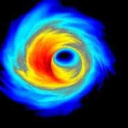 Computer simulation of superheated plasma swirling around the black hole at the center of our galaxy. (Image by Scott Noble/RIT)