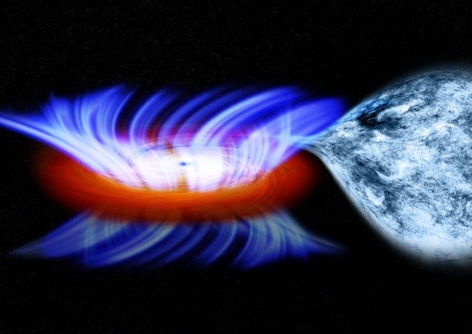 This artist's impression of a binary system containing a stellar-mass black hole called IGR J17091. The strong gravity of the black hole, on the left, is pulling gas away from a companion star on the right. This gas forms a disk of hot gas around the black hole, and the wind is driven off this disk.  (c) NASA