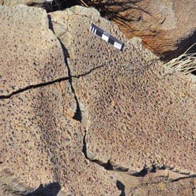 Raindrop imprints fossilized from 2.7 billion years ago in rock. (c) Sanjoy Som