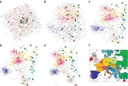 SPA Genetic Mapping: Model-based mapping convergence with random initialization. Colors represent the true country of origin of the individual (also represented by country internet code). (a–d) A map generated by SPA. Iteration 1 starts with random positioning of individuals (a). By iteration 4, the northern and southern populations are separated (b). By iteration 7, the positioning of individuals is close to convergence (c). In iteration 10, individuals have reached their final positions (d). (e) A map generated by PCA9. (f) Map of Europe.