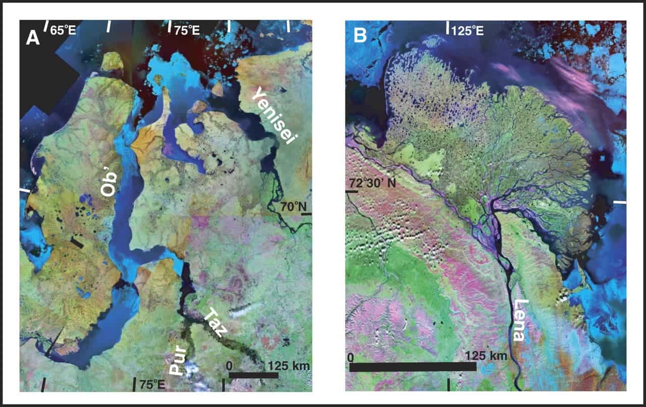 A: The estuaries of the Ob' and Yenisei Rivers. B: The Lena River delta.