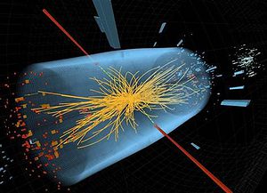 A computer graphic shows a typical Higgs boson candidate event, including two high-energy photons. (C) CERN