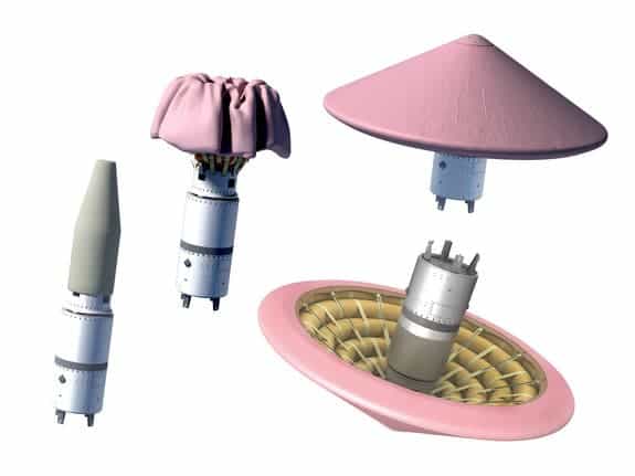 The inflatable Re-entry Vehicle Experiment (IRVE-3) depicted here in an array of its states, either packed in a nose cone, unfurled in space or during plummeting at atmospheric re-entry. (c) NASA