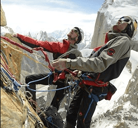 Peter Ortner and David Lama ascend the Trango Summit in northern Pakistan's Karakoram mountain range. Photos taken by a camera mountain on a small, remote controlled drone. (c) Aurora Photos for Mammut