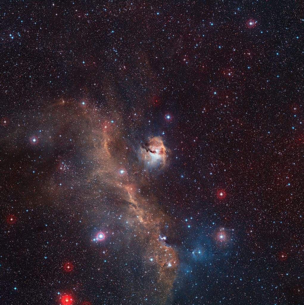 This wide-field view captures the evocative and colourful star formation region of the Seagull Nebula, IC 2177, on the borders of the constellations of Monoceros (The Unicorn) and Canis Major (The Great Dog). This view was created from images forming part of the Digitized Sky Survey 2.