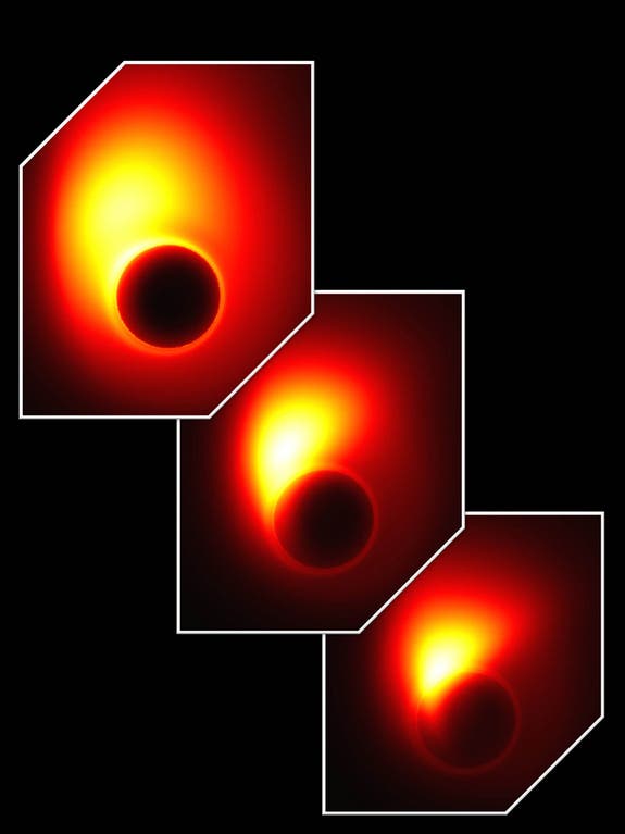 Simulated event horizon-resolving images for the ultra-relativistic jet.  It shows how the extreme gravity of the black hole in M87 distorts the appearance of the jet near the event horizon. Part of the radiation from the jet is bent by gravity into a ring that is known as the 'shadow' of the black hole. 