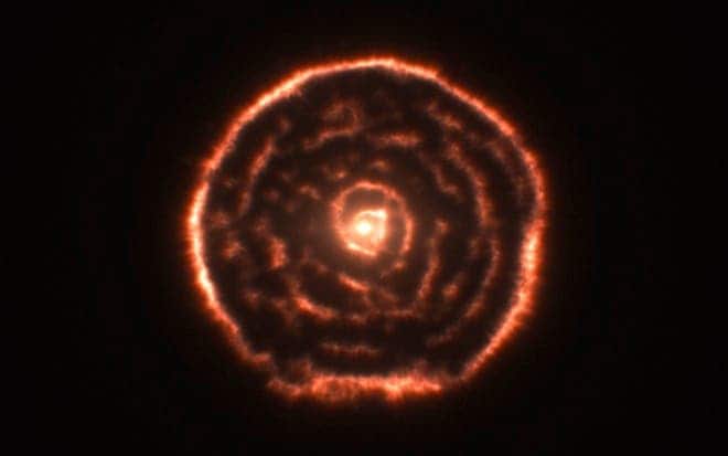 Curious spiral spotted by ALMA around red giant star R Sculptoris (data visualisation). (c) ALMA