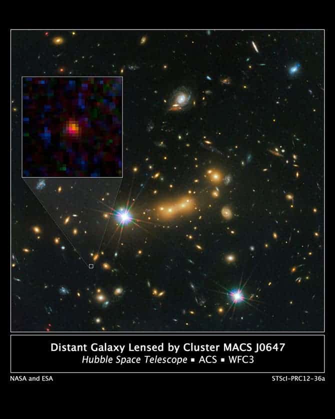 The inset at left shows a close-up of the young dwarf galaxy. This image is a composite taken with Hubble's WFC 3 and ACS. Credit: NASA, ESA, and M. Postman and D. Coe (STScI) and CLASH Team.
