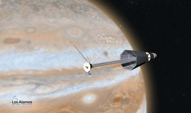 A proposed deep-space probe to Jupiter that uses the radioactive nuclear engine proposed at NASA and Los Alamos. (c) Los Alamos National Laboratory