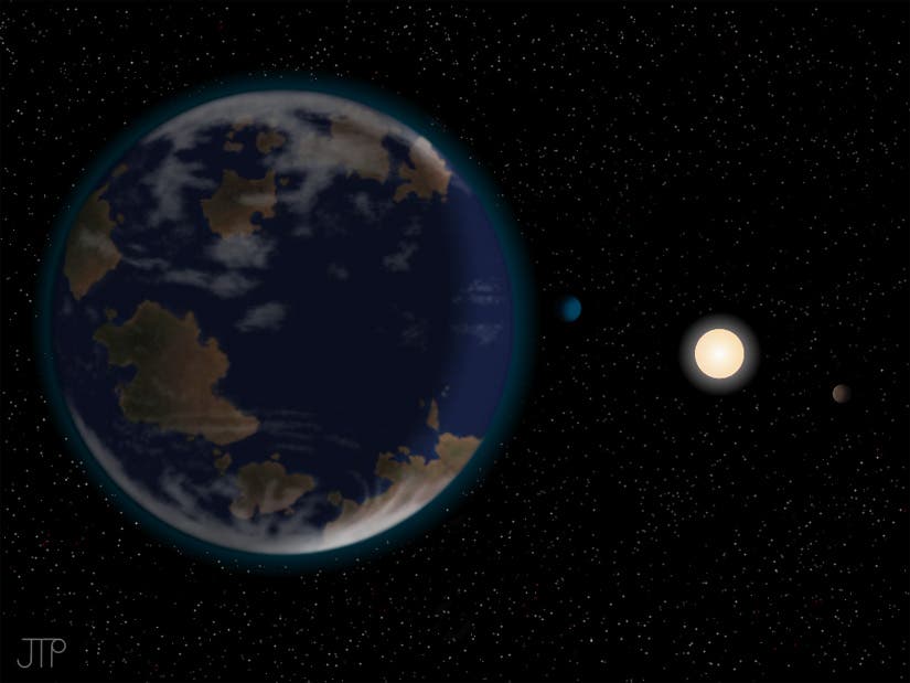 Artist impression of HD40307g in the foreground, with its host star HD40307 and two other planets in the system. (c) NASA
