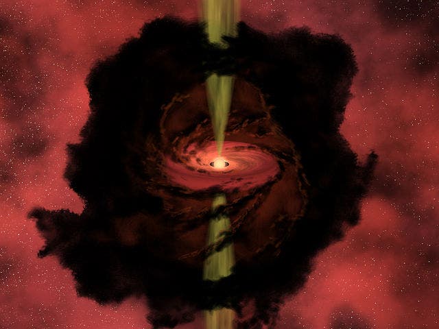Artist's impression of a protostar, with its jets of outflowing matter, protoplanetary disk, and envelope of gas and dust. (c) NASA/JPL-Caltech/R. Hurt (SSC)