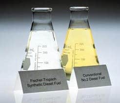 Side-by-side comparison of FT synthetic fuel and conventional fuel. The synthetic fuel is clear as water because of a near-absence of sulfur and aromatics.