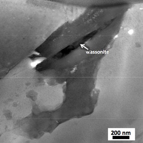 This scanning transmission electron microscope image shows the Wassonite grain in dark contrast. (c) NASA