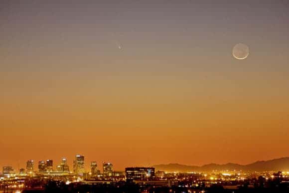 Comet PANSTARRS on March 12, 2013 near the young moon. Photo by Russ Vallelunga in Phoenix, Arizona on March 12, 2013.