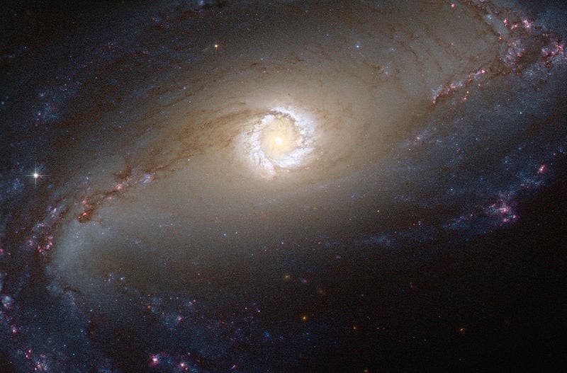 NGC 1097 is a Seyfert galaxy. Lurking at the very centre of the galaxy, a supermassive black hole 100 million times the mass of our Sun is gradually sucking in the matter around it. Via Wikipedia.