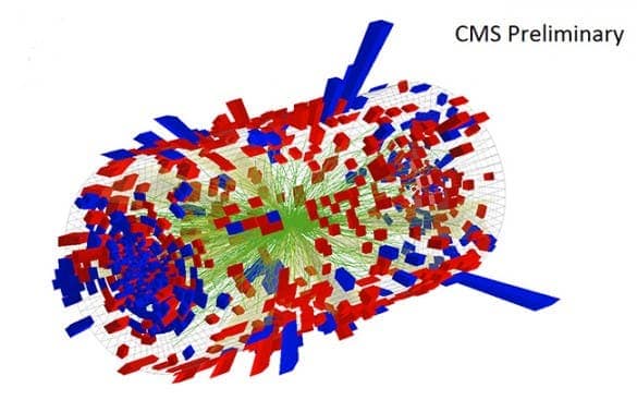 A three-dimensional view of a p-Pb collision that produced collective flow behavior. The green lines are the trajectories of the sub-atomic particles produced by the collision reconstructed by the CMS tracking system. The red and blue bars represent the energy measured by the instrument's two sets of calorimeters. (CMS Collaboration)