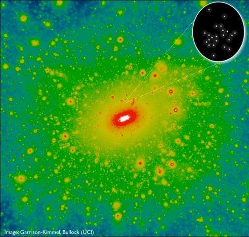 This image shows a standard prediction for the dark matter distribution within about 1 million light years of the Milky Way galaxy, which is expected to be swarming with thousands of small dark matter clumps called halos. Observations of the ultra-faint galaxy Segue 2 (zoomed image) have revealed that it must reside within such a tiny dark matter halo. CREDIT: Garrison-Kimmel, Bullock (UCI)