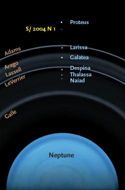 This illustration shows the approximate location of S/2004 N 1, a tiny new moon of Neptune discovered in Hubble Space Telescope images, with respect to Neptune's rings and other nearby moons. Don Davis / The New Solar System