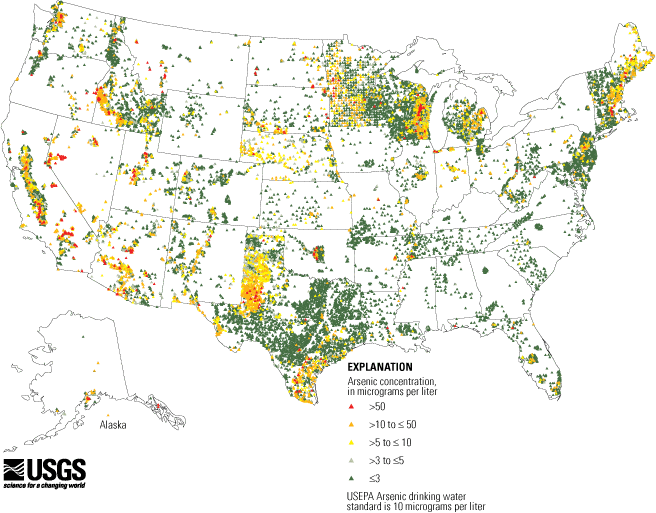 Arsenic map in groundwater in the US.