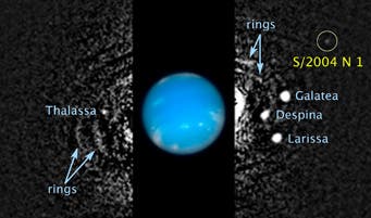 This composite of Hubble Space Telescope images taken in August 2009 shows the location of a newly discovered moon, designated S/2004 N 1, orbiting the giant planet Neptune. NASA / ESA / M. Showalter (SETI Inst.)