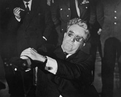 Awheelchair-bound Peter Sellers (Dr. Strangelove) continually loses control of his right arm. He repeately attepmts to give the Nazi Party salute before being beaten by his left hand. This film illustrates the comical struggle of Alien-Hand-Syndrome.