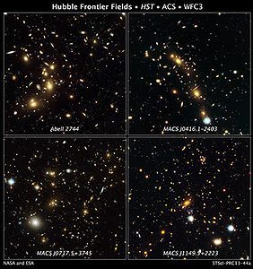 These are NASA Hubble Space Telescope natural-color images of four target galaxy clusters that are part of an ambitious new observing program called The Frontier Fields. NASA's Great Observatories are teaming up to look deeper into the universe than ever before.  The foreground clusters range in distance from 3 billion to 5 billion light-years from Earth. (c) NASA/ESA
