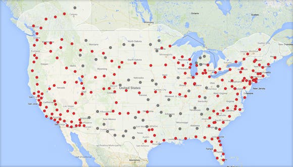 Tesla charging points in 2015. According to Tesla 98% of the US population will have access to charging. 