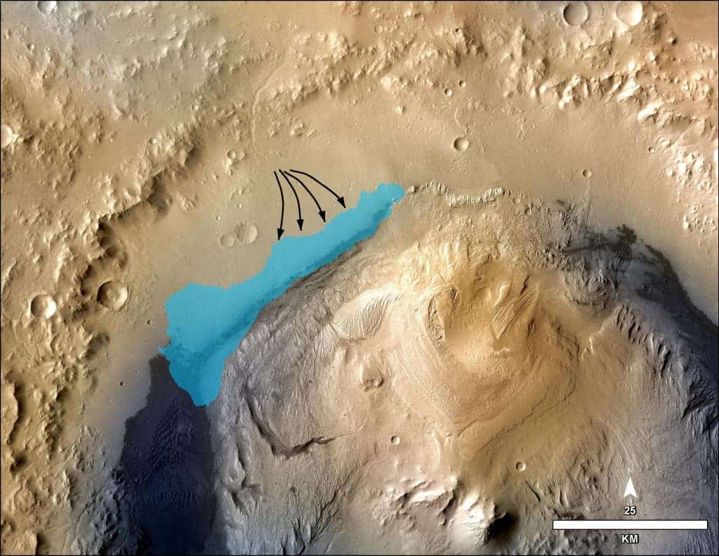This illustration depicts a concept for the possible extent of an ancient lake inside Gale Crater.
Image Credit: NASA/JPL-Caltech/MSSS
