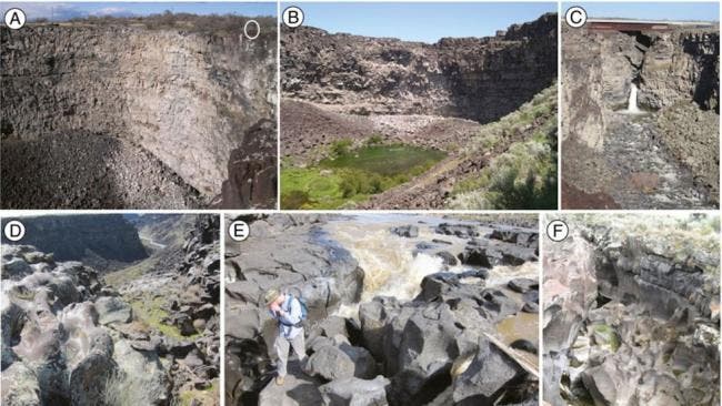 Photographs of (A) Woody's Cove (person, for scale, circled), (B) the approximately 50-meter high headwall of Stubby Canyon, (C) the downstream-most waterfall at Pointed Canyon, (D) fluted and polished notch at the rim of Stubby Canyon, (E) upstream-most waterfall at Pointed Canyon, and (F) upstream-most abandoned channel.