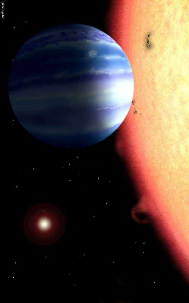 An artist's conception of a hot-Jupiter extrasolar planet orbiting a star similar to tau Boötes.
Credit: David Aguilar, Harvard-Smithsonian Center for Astrophysics