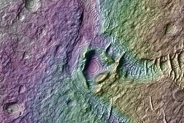 Topographical map of a Martian region showing impact craters. Photo: Antoine Lucas/NASA/JPL/Univ. Arizona