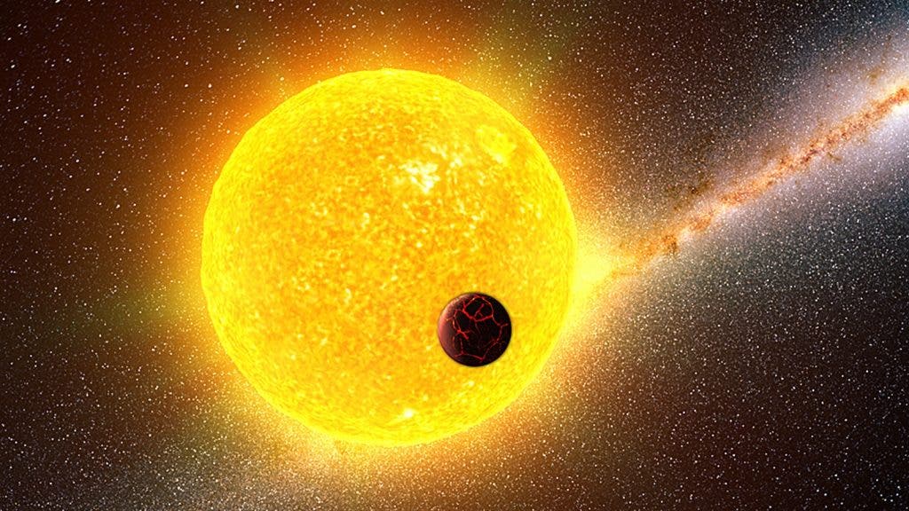 A star like our Sun is shown with an orbiting planet in the foreground in this artist's impression. Image credit: Illustration by Gabriel Perez Diaz, Instituto de Astrofisica de Canarias (MultiMedia Service)