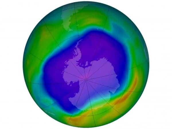 The ozone hole (purple and blue) covered much of Antarctica in 2006. Image: CAROLYN GRAMLING