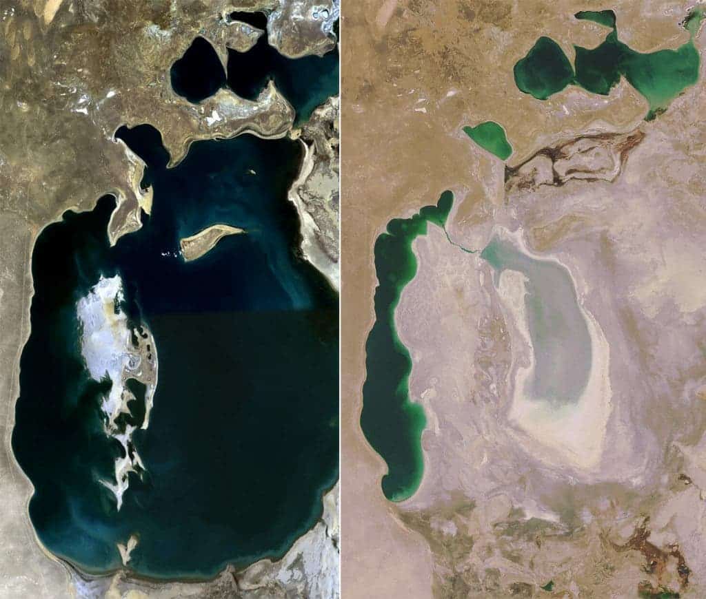 The Aral sea, as it was in 1989 (left), and how it is now (2014). Image credits: NASA.