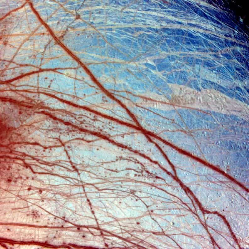 Europa's lineae, colorized. Image via NASA.