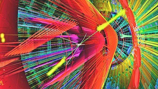 Artist's impression of a proton-proton collision producing a pair of gamma rays (yellow) in the ATLAS detector (Image: CERN)