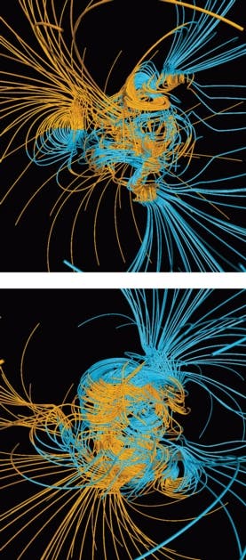 Earth's magnetic field is shown in midreversal.

COURTESY OF GARY A. GLATZMAIER University of California, Santa Cruz, AND PAUL H. ROBERTS University of California, Los Angeles
