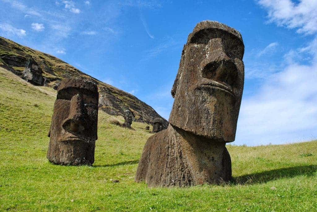 Easter island is famous for its large human head statues, called moai. A total of 887 monolithic stone statues have been inventoried on the island and in museum collections so far