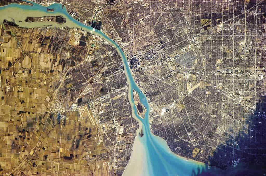 Detroit, Michigan, right, and Windsor, Ontario—two countries, one river.